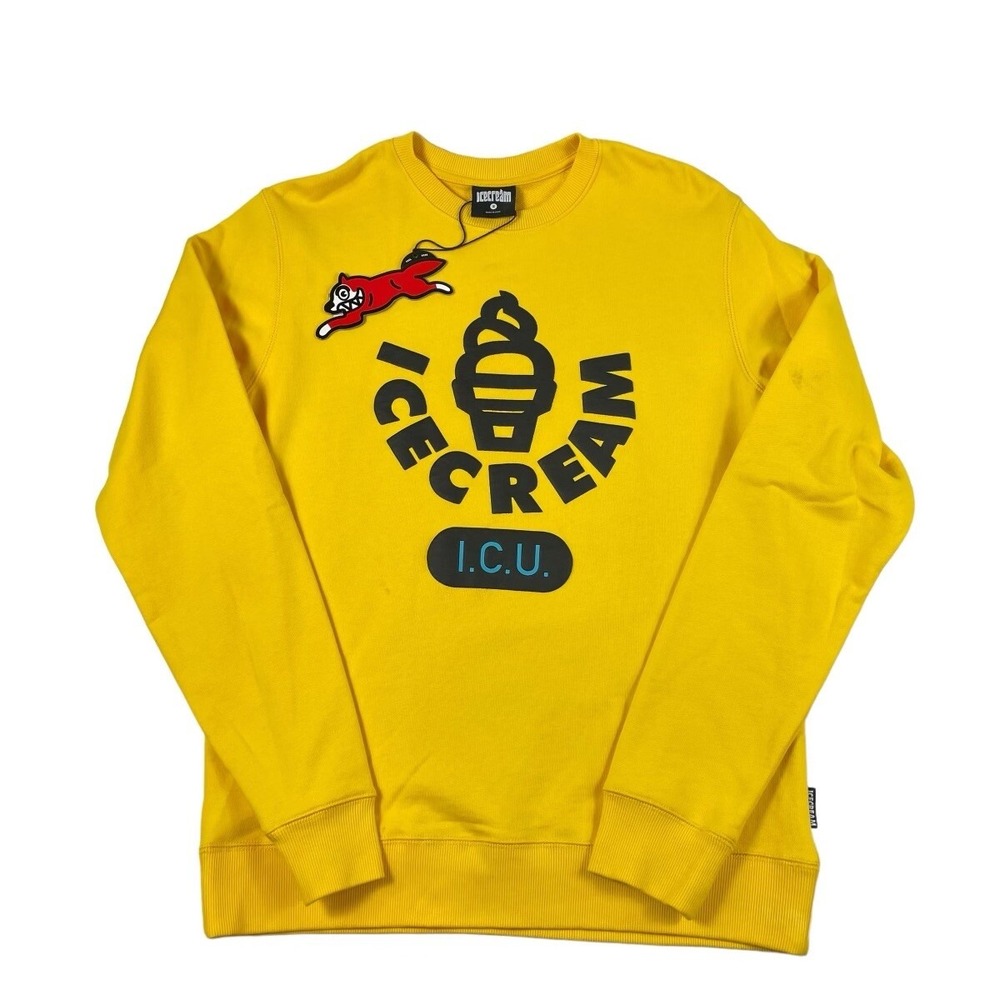 Icecream ICU Spellout Crewneck Mens Sweater Yellow Size Small 401-1306 NWT